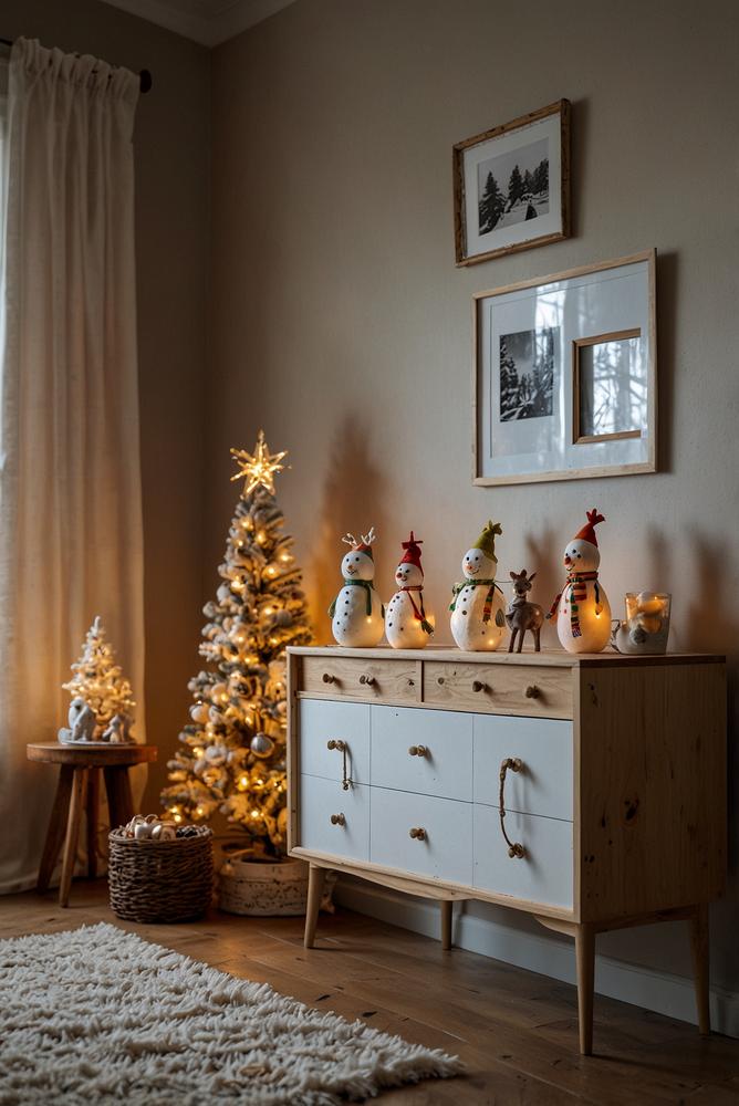 Kinderfreundliche Weihnachtsdeko auf Sideboard mit Figuren und Lichtern
