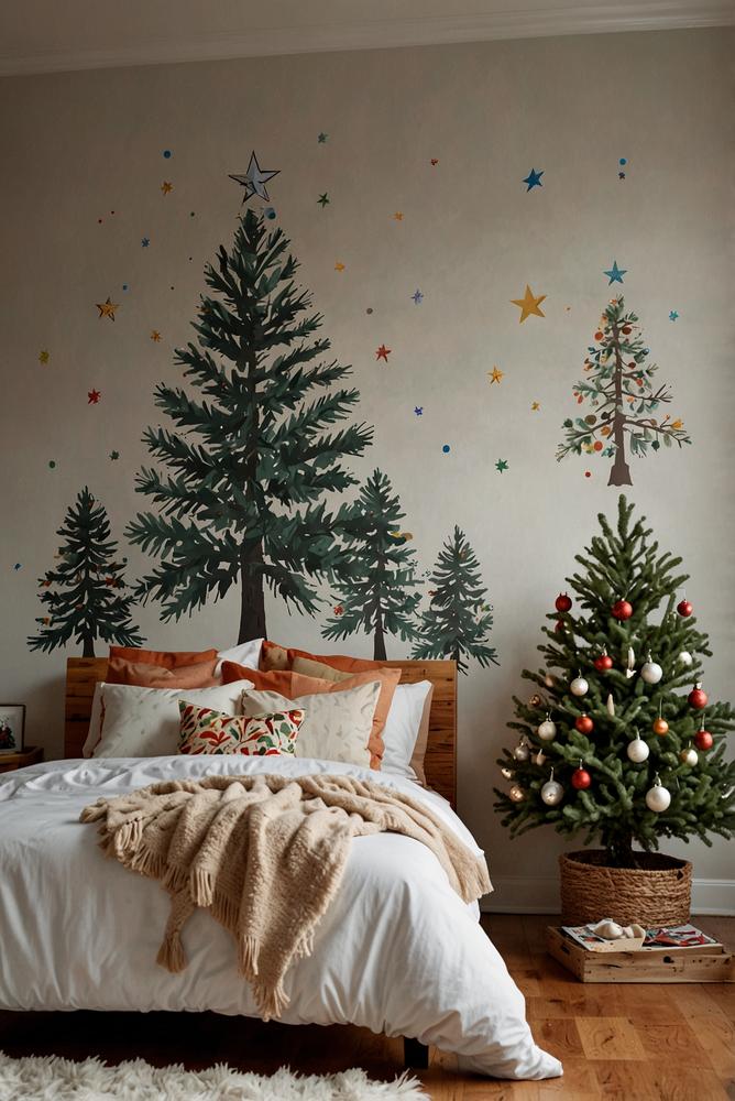 Kinderzimmer mit hellen Weihnachtsbaum-Wandaufklebern