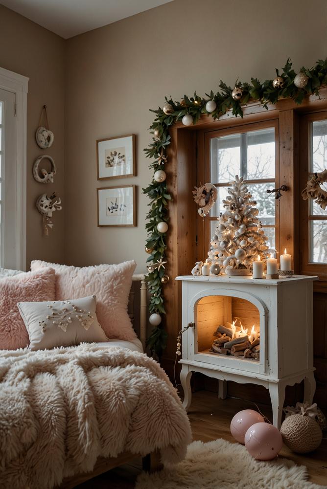 Kinderzimmer Weihnachtsdeko mit Holzspielzeug und Mini Bäumen
