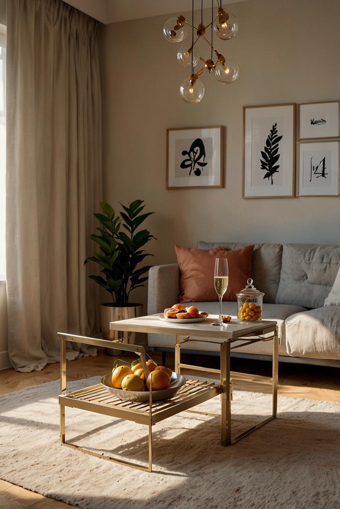 Klappbarer Sekt- und Snack-Tisch in kleiner Wohnung