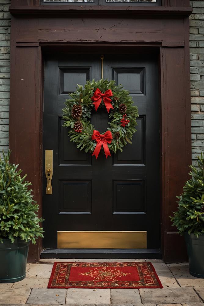 Klassischer Tannenkranz an einer hellen Haustür