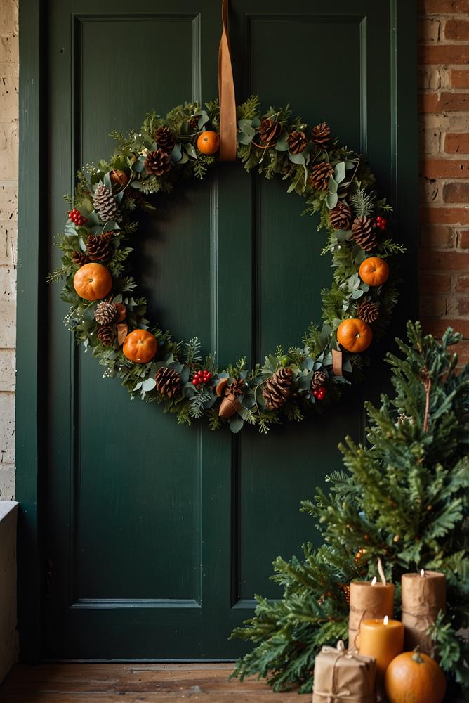 Nostalgischer Vintage-Türkranz an Haustür, hell und einladend