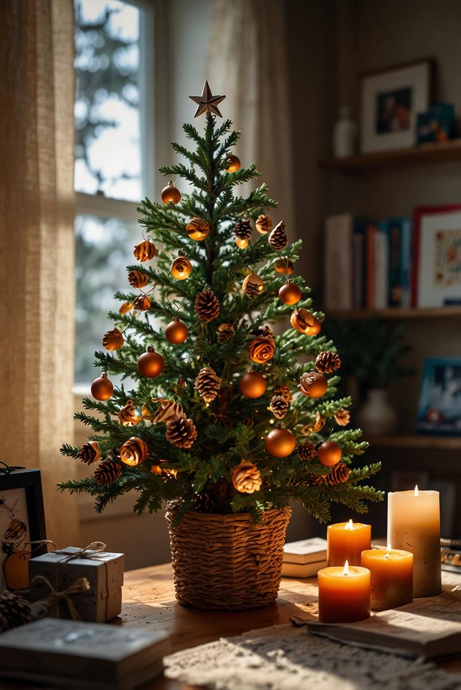 Kleiner Tisch-Weihnachtsbaum im hellen Home-Office