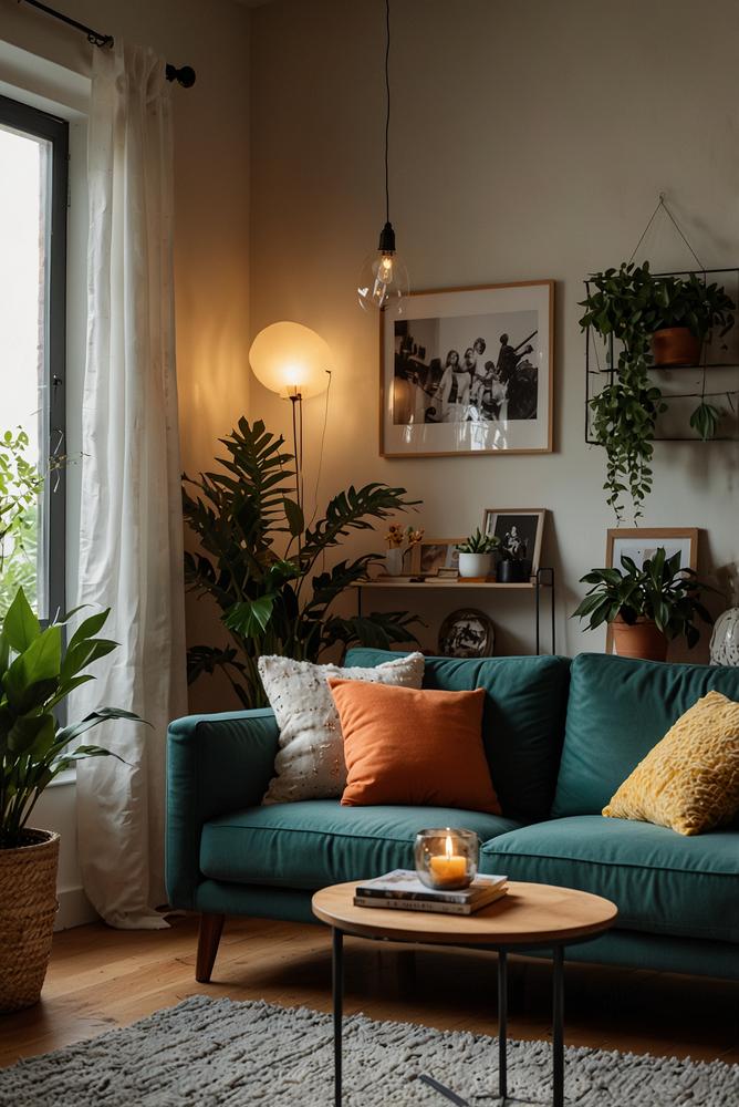 DIY-Fotocollage mit bunten Fotos und Deko im hellen Raum