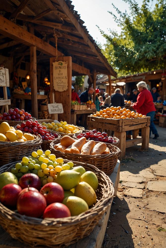 Helle Krippenlandschaft Bauernmarkt mit Obst Käse Wurst