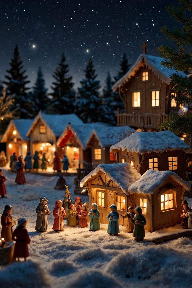 Krippe auf Dorfplatz mit Laternenumzug und Marktbuden hell und einladend