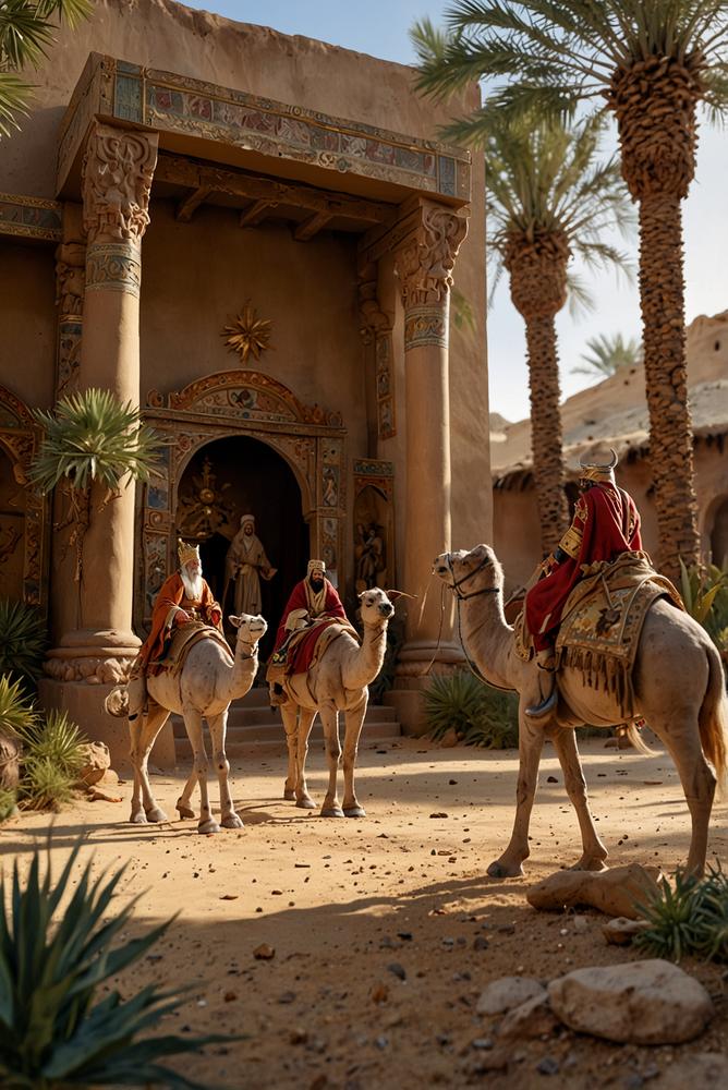 Krippenlandschaft mit Heiligen Drei Königen in heller Szenerie