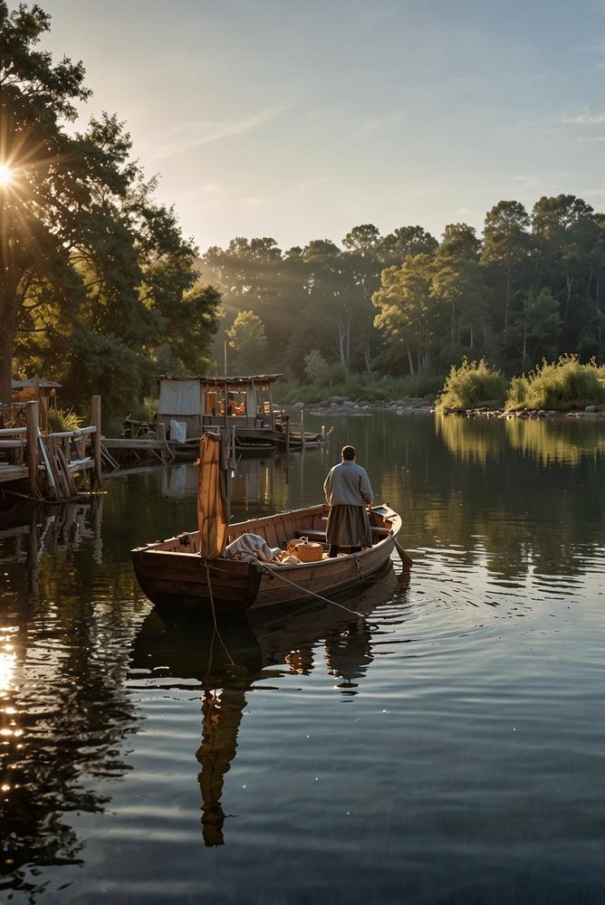 Krippenlandschaft am See mit Bootsanleger und Fischern, hell und einladend