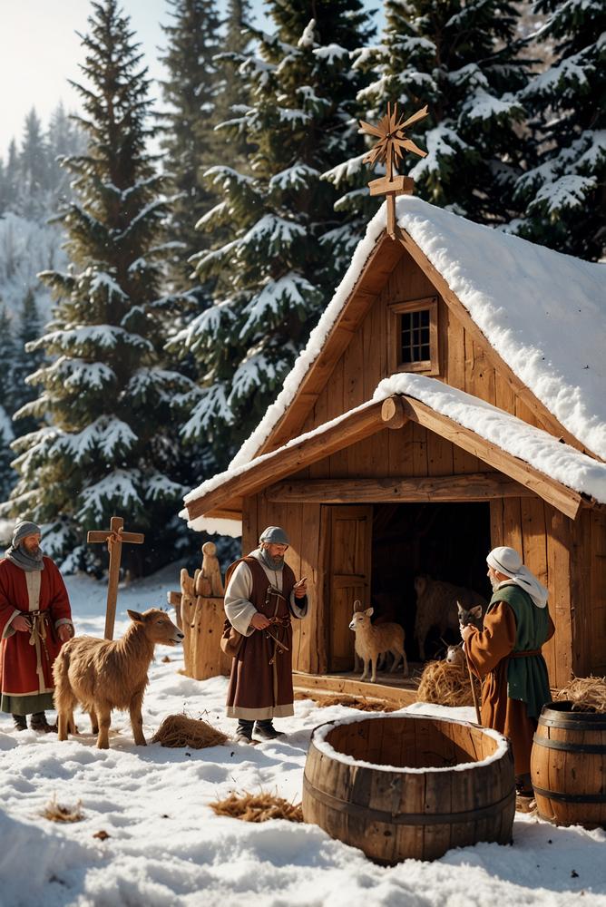 Verschneite Krippe mit Hirten und Herden im Bergdorf