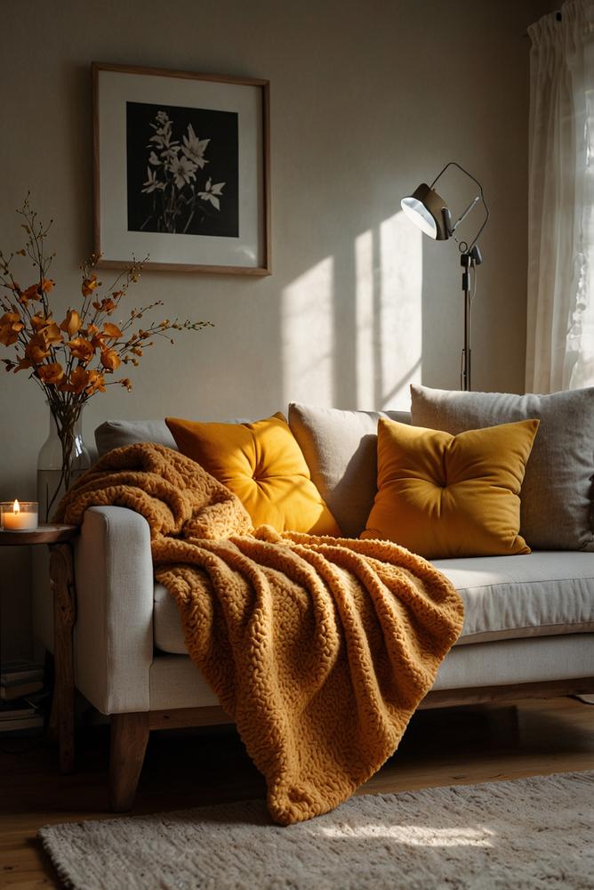 Kuschelige Neujahrsdeko auf der Couch in warmen Farben