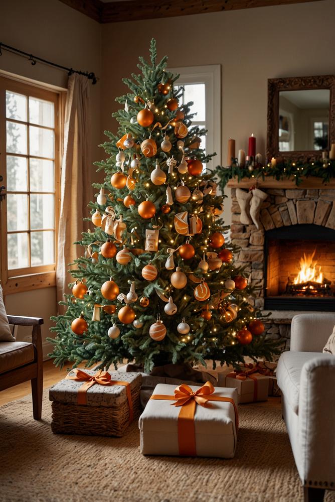 Landhaus-Weihnachtsbaum mit getrockneten Orangen und Leinenbändern