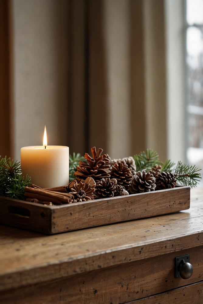 Landhaus Weihnachtsdeko Sideboard mit Zimtstangen und Leinen