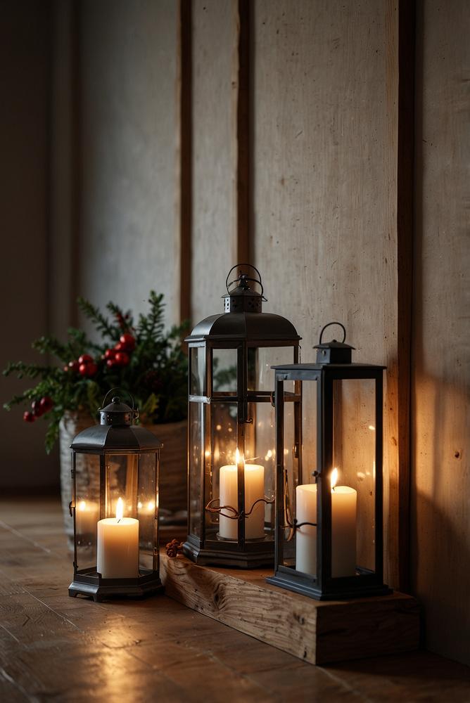 Laternen mit LED-Kerzen im weihnachtlich dekorierten Flur