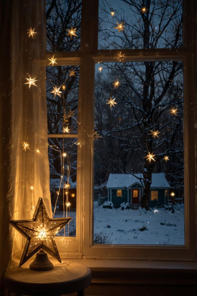 Leuchtende Fensterdeko mit LED-Lichtern und Wintermotiven