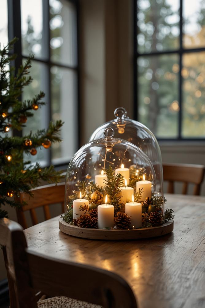 Lichterketten unter Glasglocken auf festlichem Esstisch