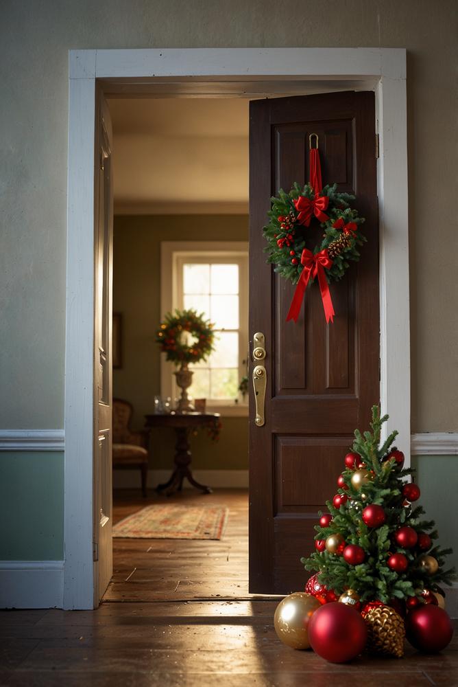 Lichtergirlande an der Haustür zur Weihnachtszeit