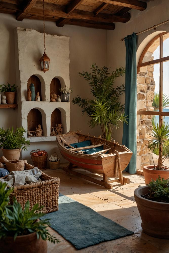 Helle mediterrane Krippenlandschaft mit Fischerbooten