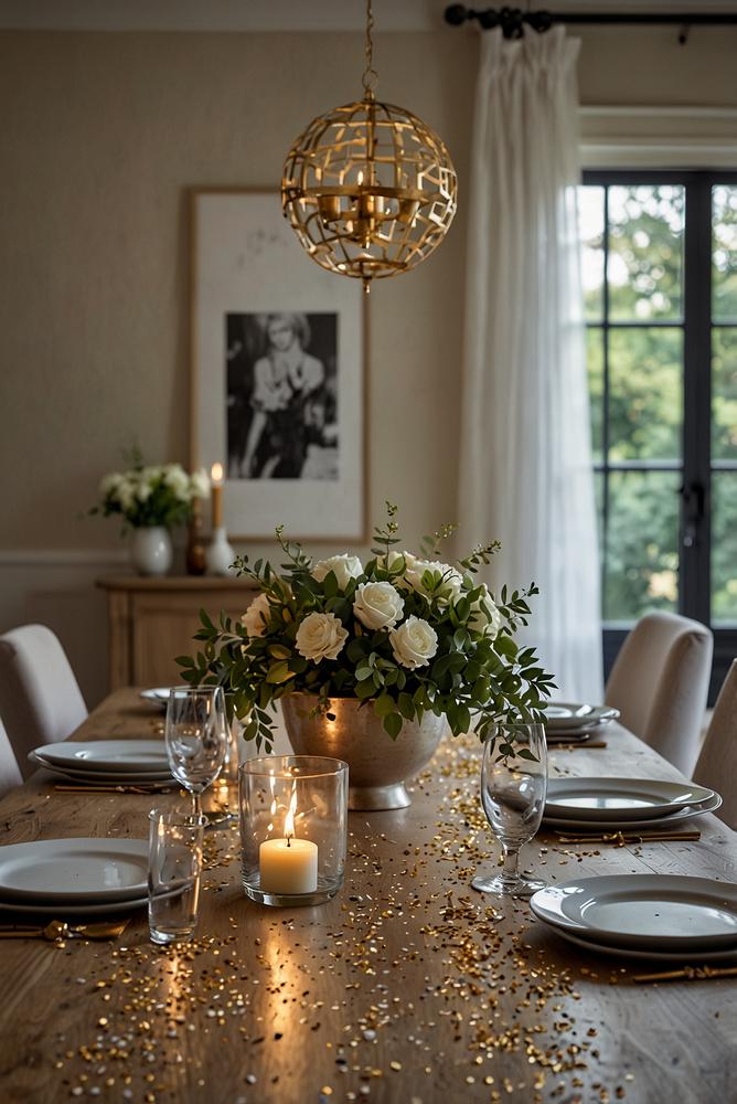 Helle stilvolle silvesterdeko mit konfetti und tischlaeufern