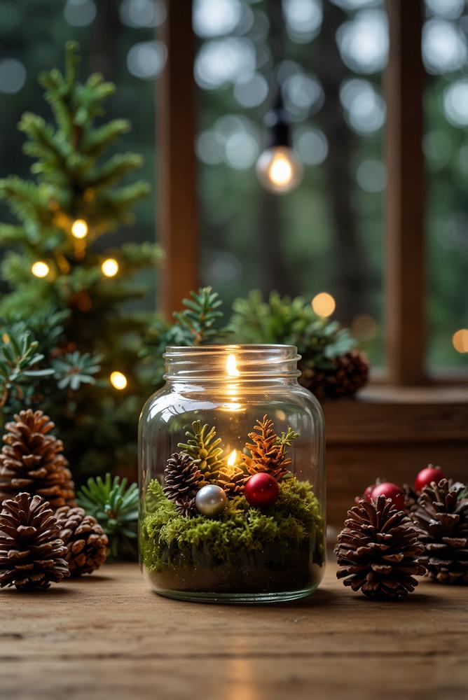 Mini-Weihnachtsgarten im Glas mit Pflanzen und Weihnachtsdeko