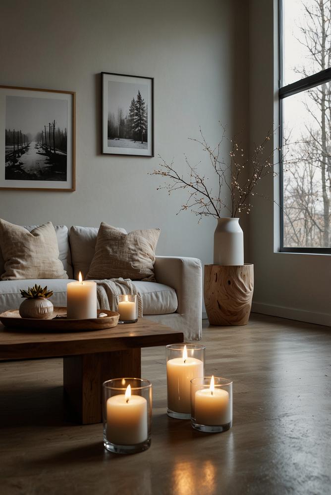 helle minimalistische Neujahrsdeko mit Kerzen und natürlicher Atmosphäre