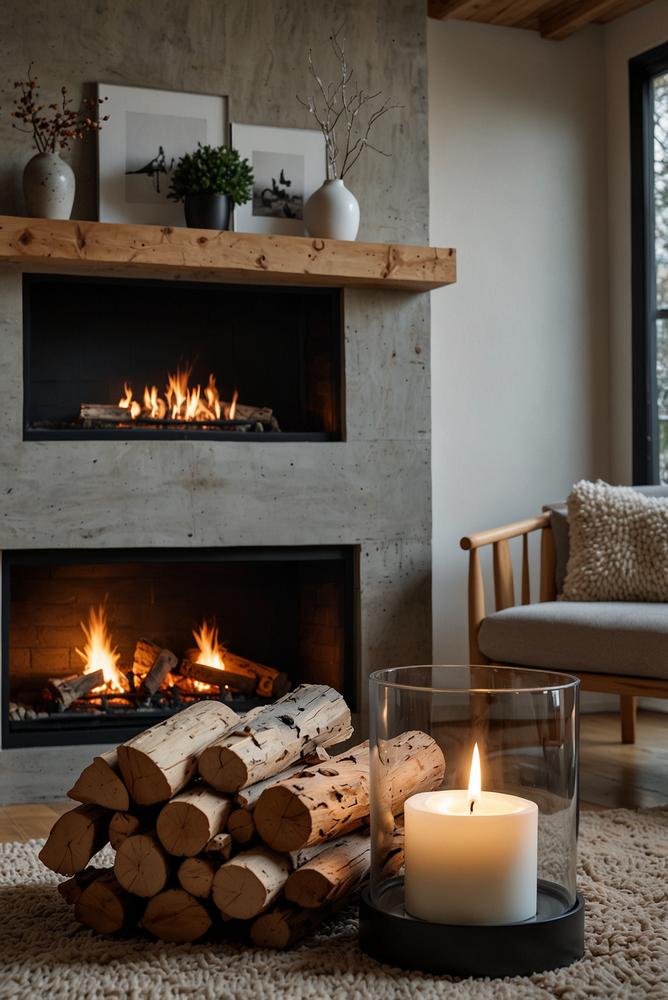 Kamin mit minimalistischer skandinavischer Weihnachtsdeko und Holzscheiten