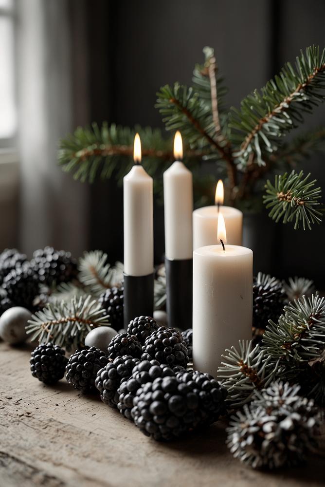 Minimalistische Schwarz-Weiß-Weihnachtsdeko am Adventskranz hell