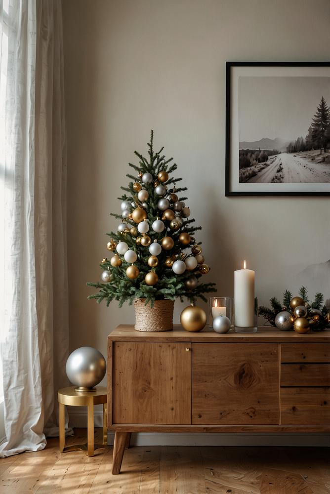 Minimalistischer Tisch-Weihnachtsbaum mit wenigen Christbaumkugeln im Sonnenlicht