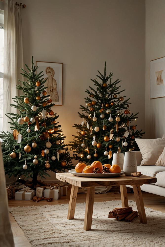 Schlichter Weihnachtsbaum mit Naturornamenten in hellem Raum