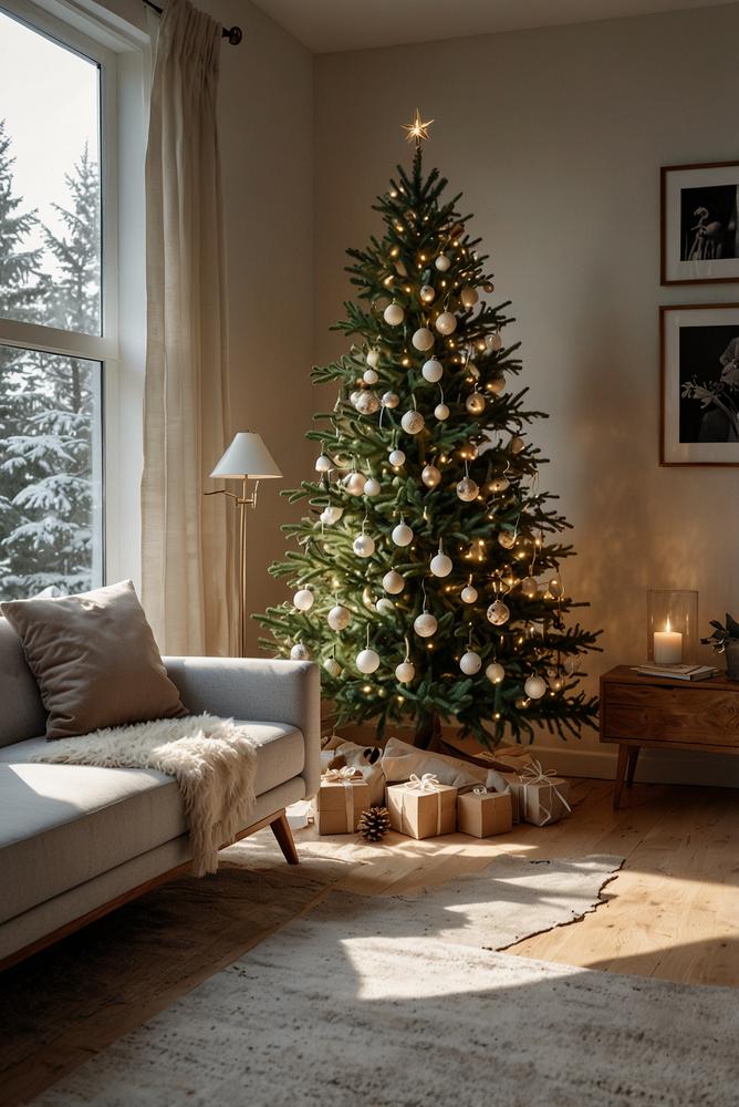 Skandinavischer Weihnachtsbaum in Weiss und Holz minimalistisch beleuchtet