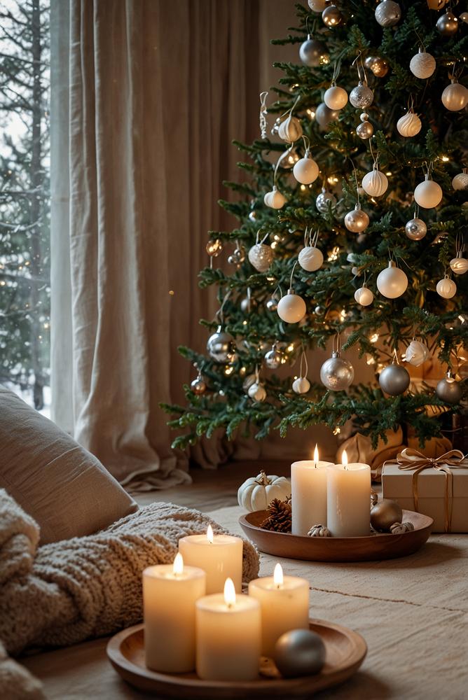 Zimmerhoher Weihnachtsbaum in neutralen Farben minimalistisch