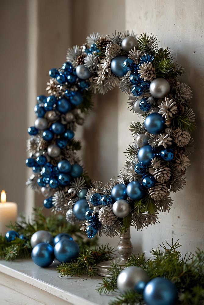 Moderner Adventskranz in Blau und Silber mit Kerzen