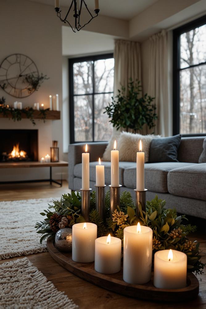 Moderner Adventskranz mit vier Kerzen in hellem Raum
