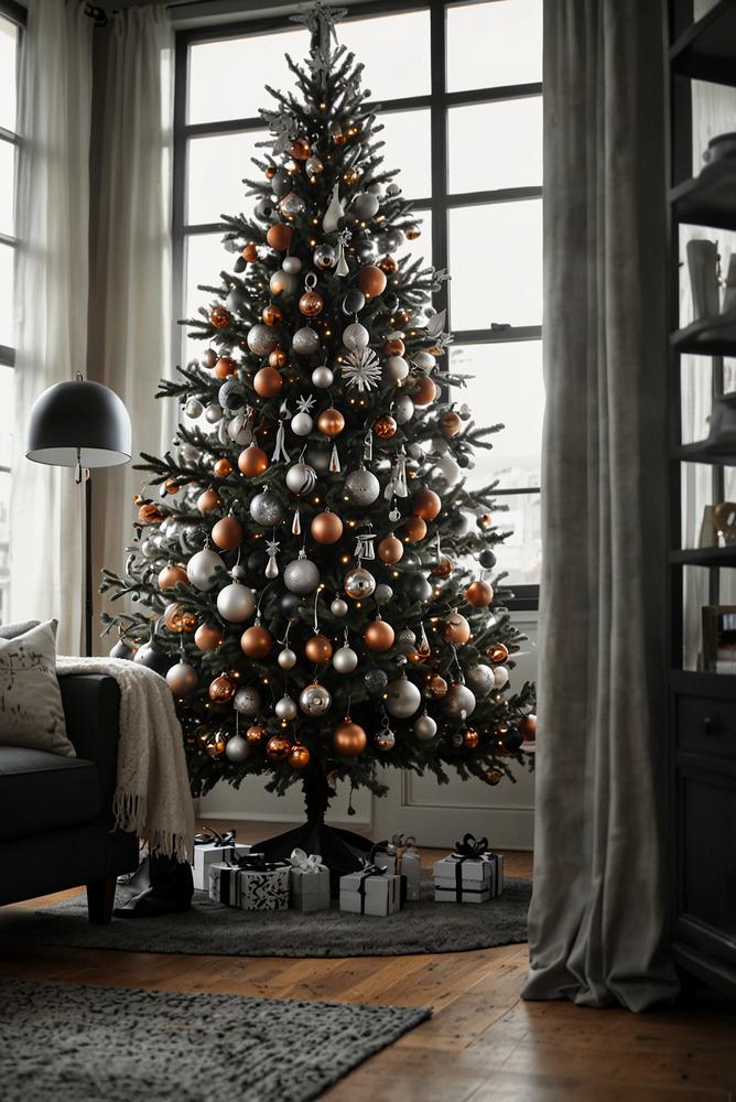 Moderner Weihnachtsbaum schwarz weiss mit Metallakzenten