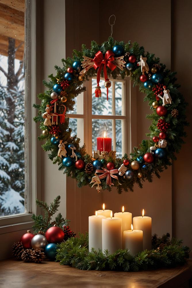 Modernes Adventsfenster mit Nussknacker und Kranz, hell und einladend