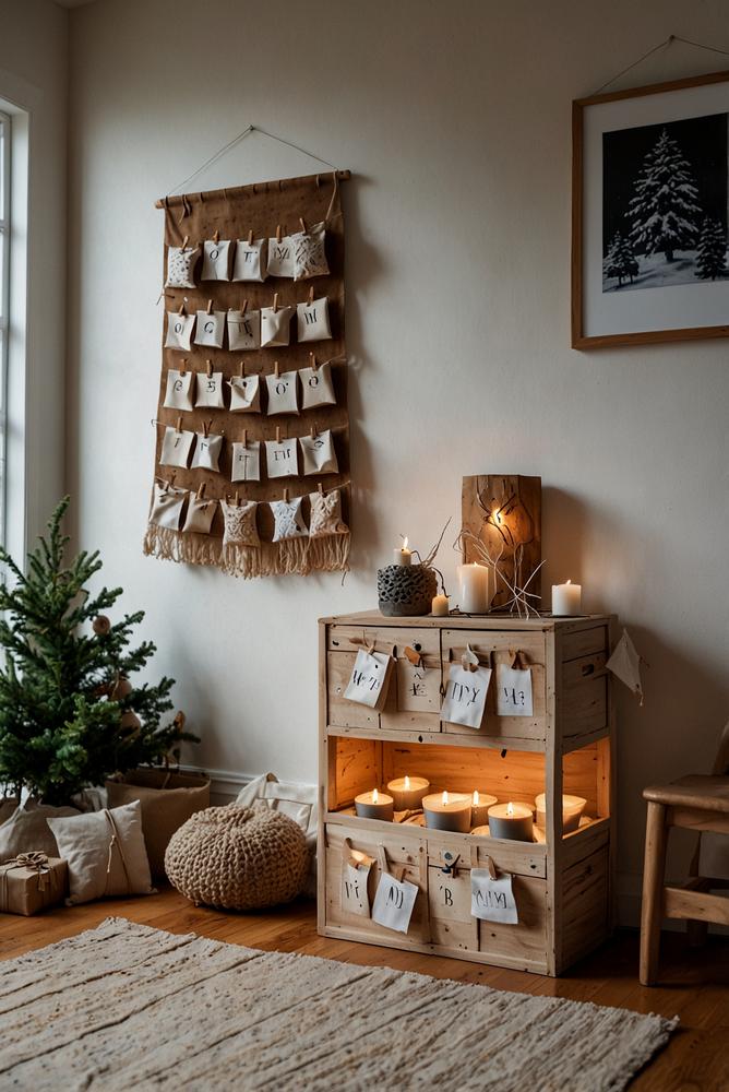 Heller DIY-Adventskalender aus Holz und Stoff im Raum