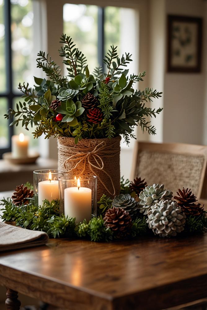 Esstisch-Gesteck aus Pflanzen und Weihnachtsdeko hell und einladend