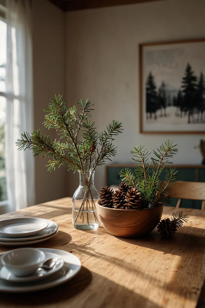 Helle natürliche Tischdeko mit Zweigen und Glasvasen