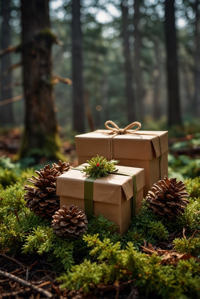 Naturnahe Geschenkverpackungen mit Zapfen, Zweigen und Moos