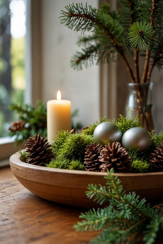Fensterbank Weihnachtsdeko mit Moos Zapfen und Zweigen