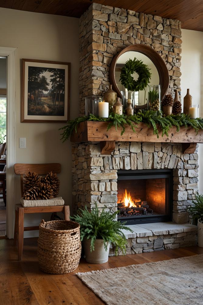 Helle naturnahe Weihnachtsdeko mit Zapfen am Kaminmantel