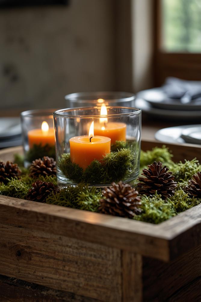 Serviertableau mit Moos, Zapfen und Zweigen natürliche Deko