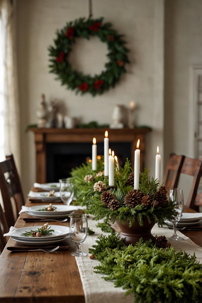 Tischläufer aus Moos mit Zapfen und Zweigen Weihnachtsdeko