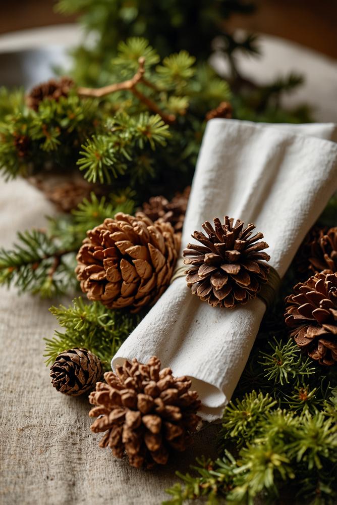 Serviettenringe aus Zapfen, Zweigen und Moos auf festlichem Tisch