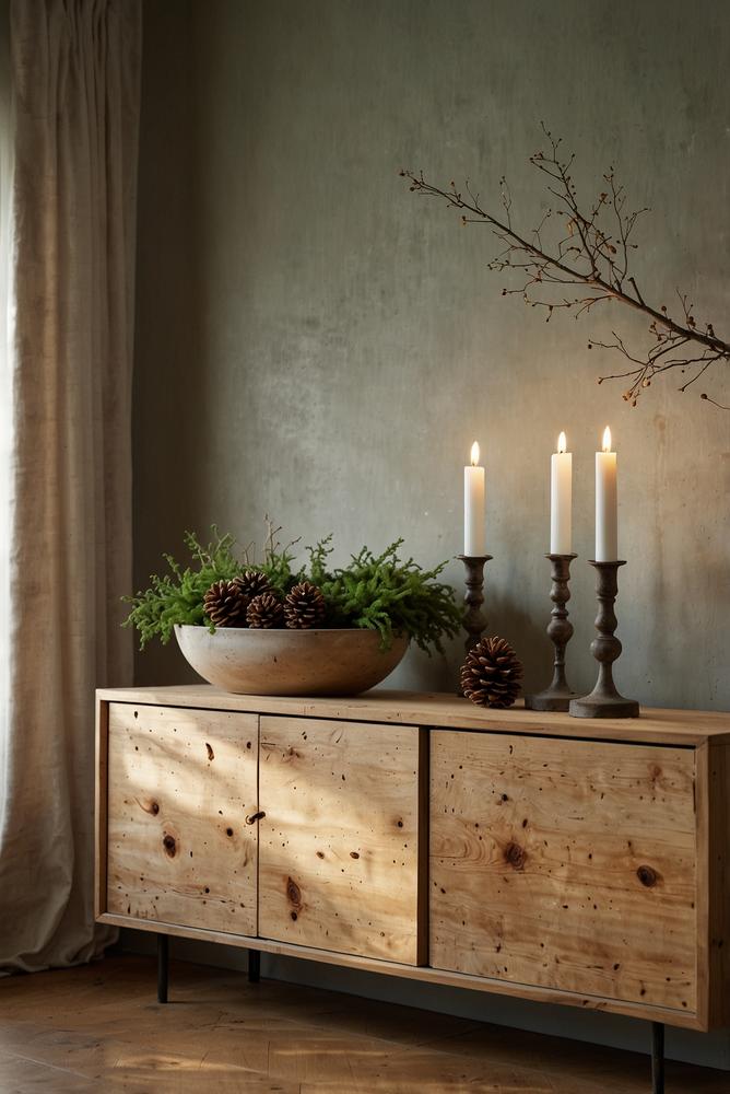 Helles naturnahes Sideboard mit Moos und LED-Teelichtern im Winter