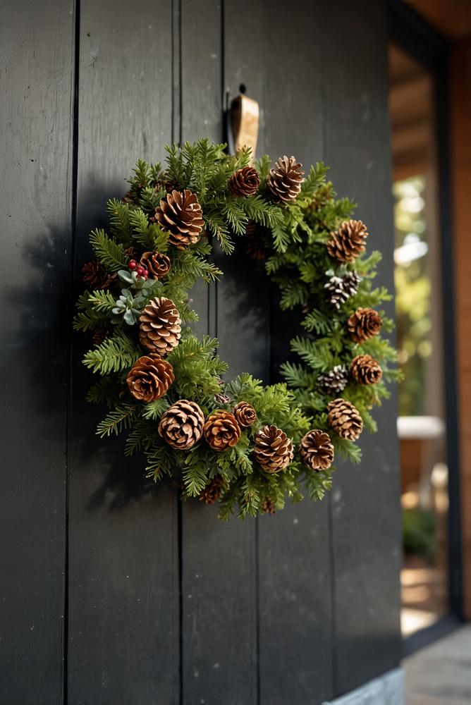Natürlicher Weihnachts Türkranz mit Zapfen, Zweigen und Moos