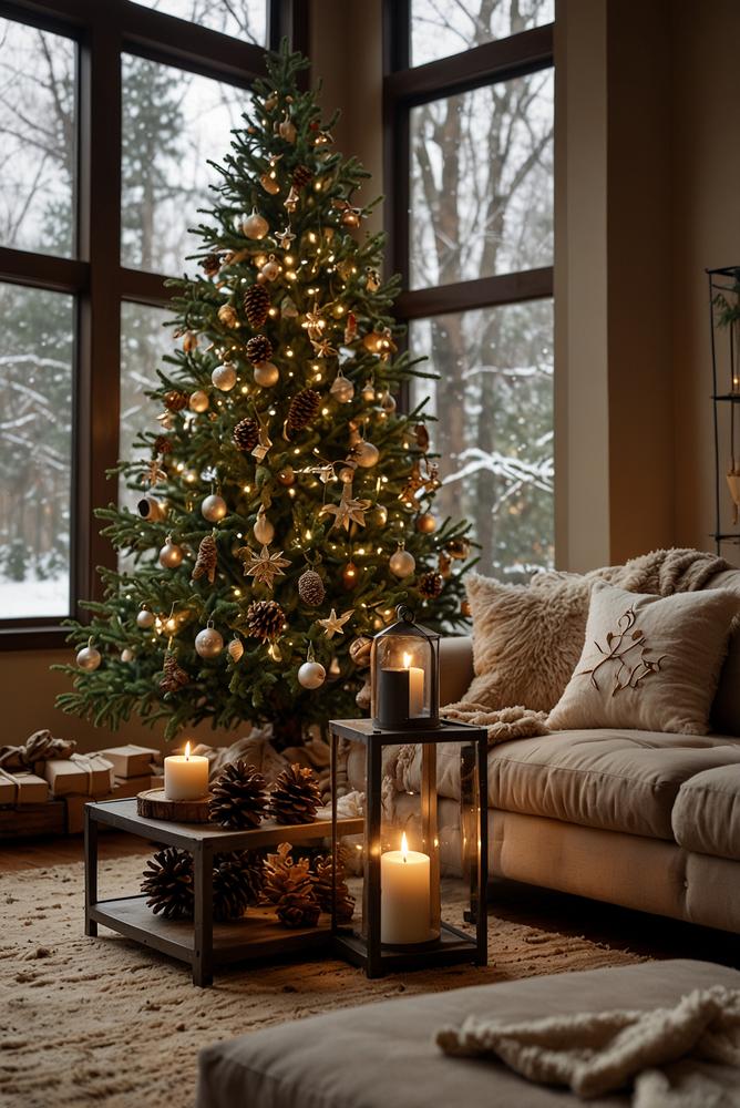 Helle weihnachtsdeko mit zapfen und moos am weihnachtsbaum