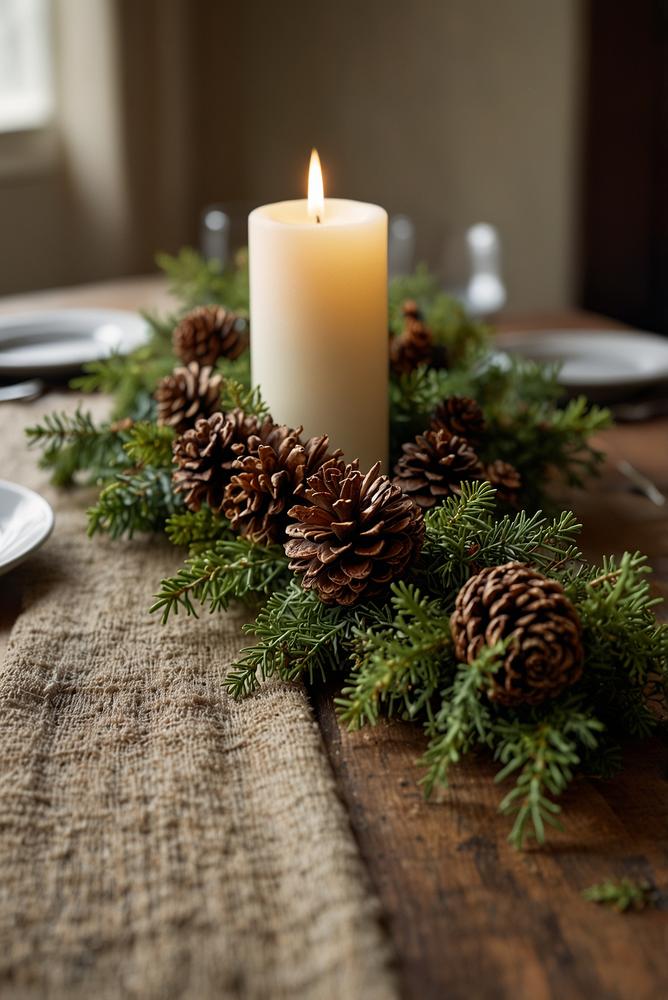 Naturnahe Weihnachtsdeko mit Zapfen, Zweigen und Moos auf Tisch