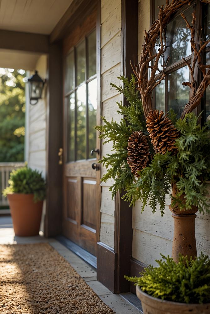 Naturnahe Weihnachtsdeko mit Zapfen und Moos am Eingang