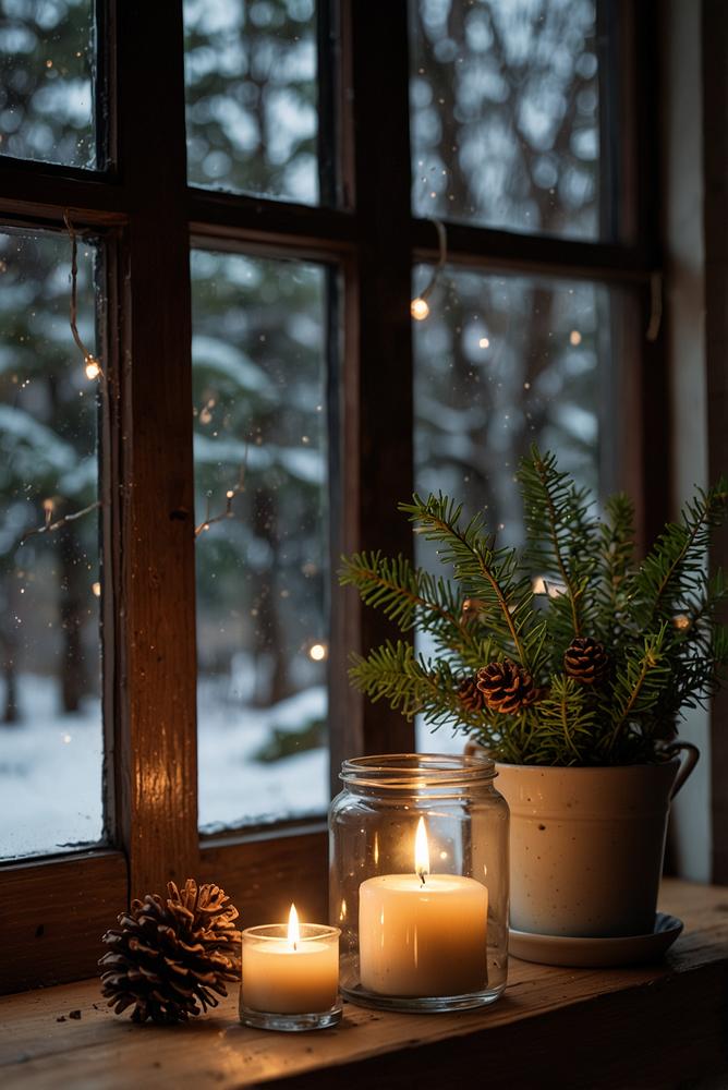Naturnahe Weihnachtsdeko mit Zapfen und Moos auf Fensterbank