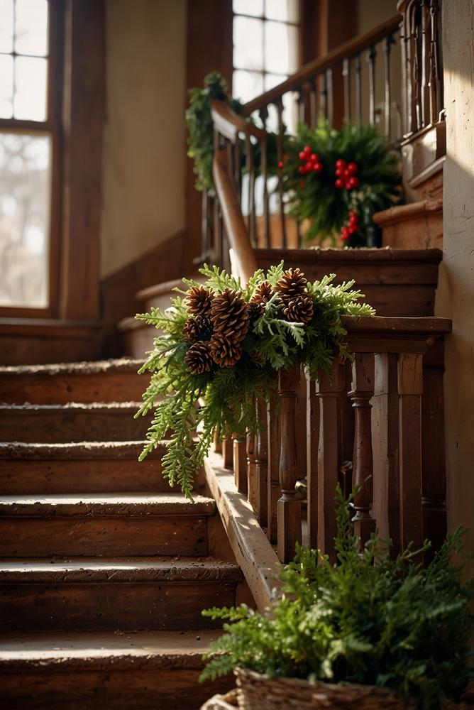 Naturnahe Weihnachtsdeko Treppenstufen mit Zapfen und Moos